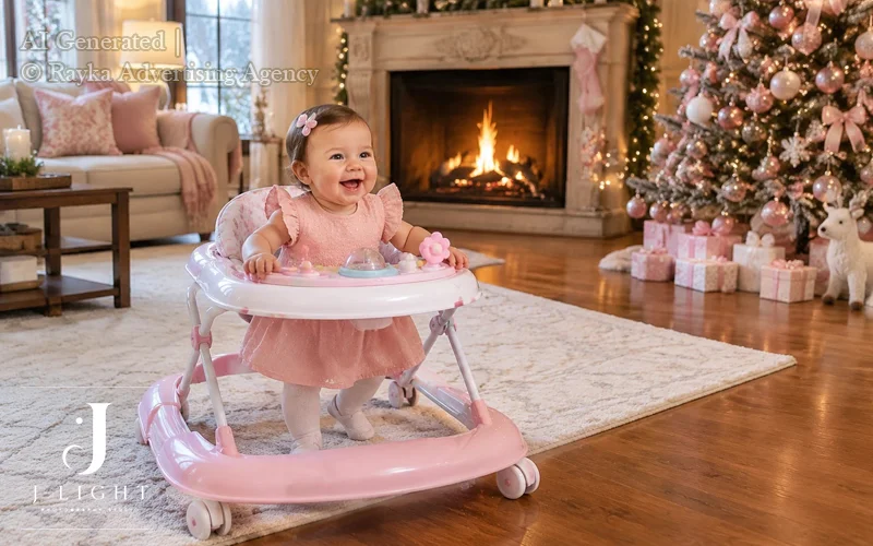Christmas Photography Ideas for Baby Girls with A Soft Pink Christmas Setup