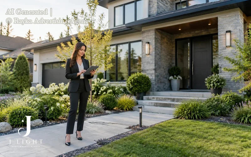 A personal branding photoshoot of a female real estate agent at one of her property listings.